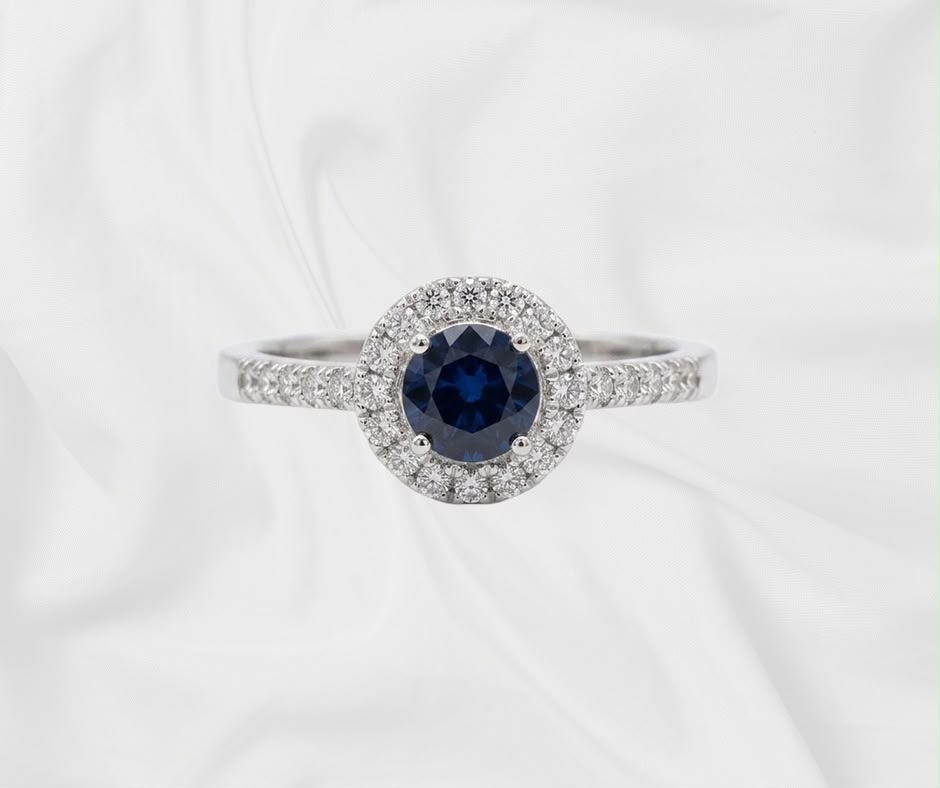 Natural Blue Sapphire Halo Ring — Round Cut Pavé Band
