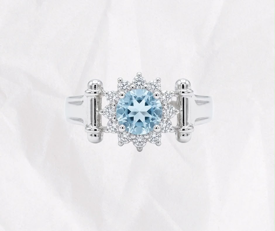 Natural Aquamarine Ring — Round Cut Vintage Cluster