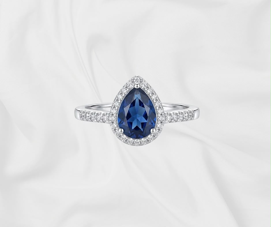 Natural Blue Sapphire Halo Ring — Pear Cut