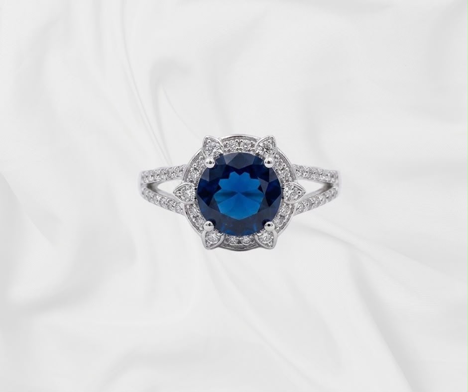 Natural Blue Sapphire Ring — Round Cut Floral Halo