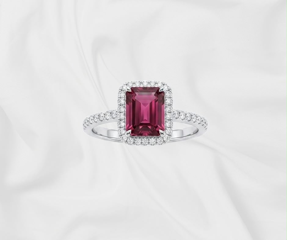 Natural Red Garnet Halo Ring — Emerald Cut