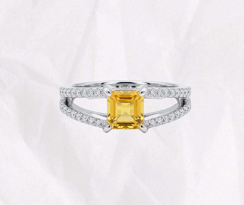 Natural Yellow Sapphire Ring — Emerald Cut Split Shank