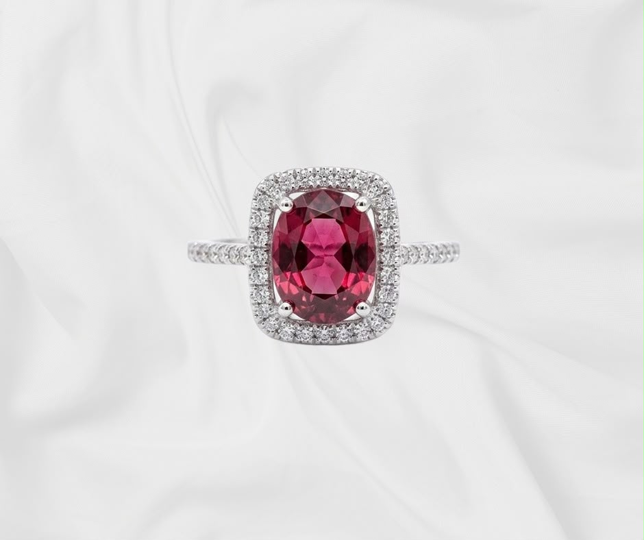 Natural Rhodolite Garnet Ring — Cushion Cut Halo