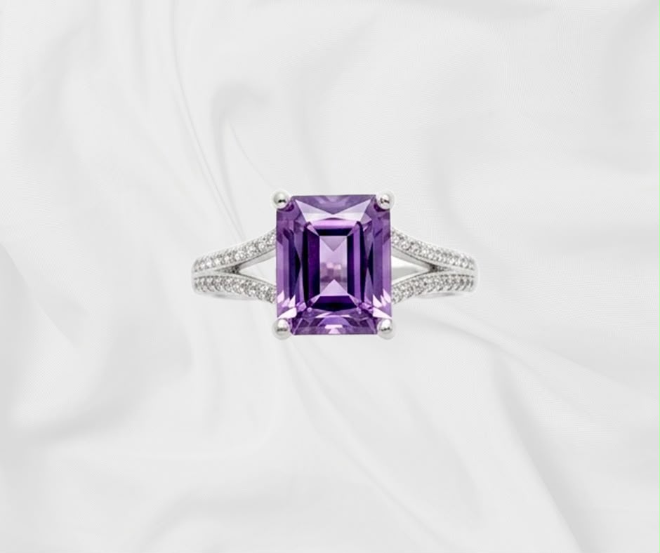Natural Amethyst Ring — Emerald Cut Split Shank