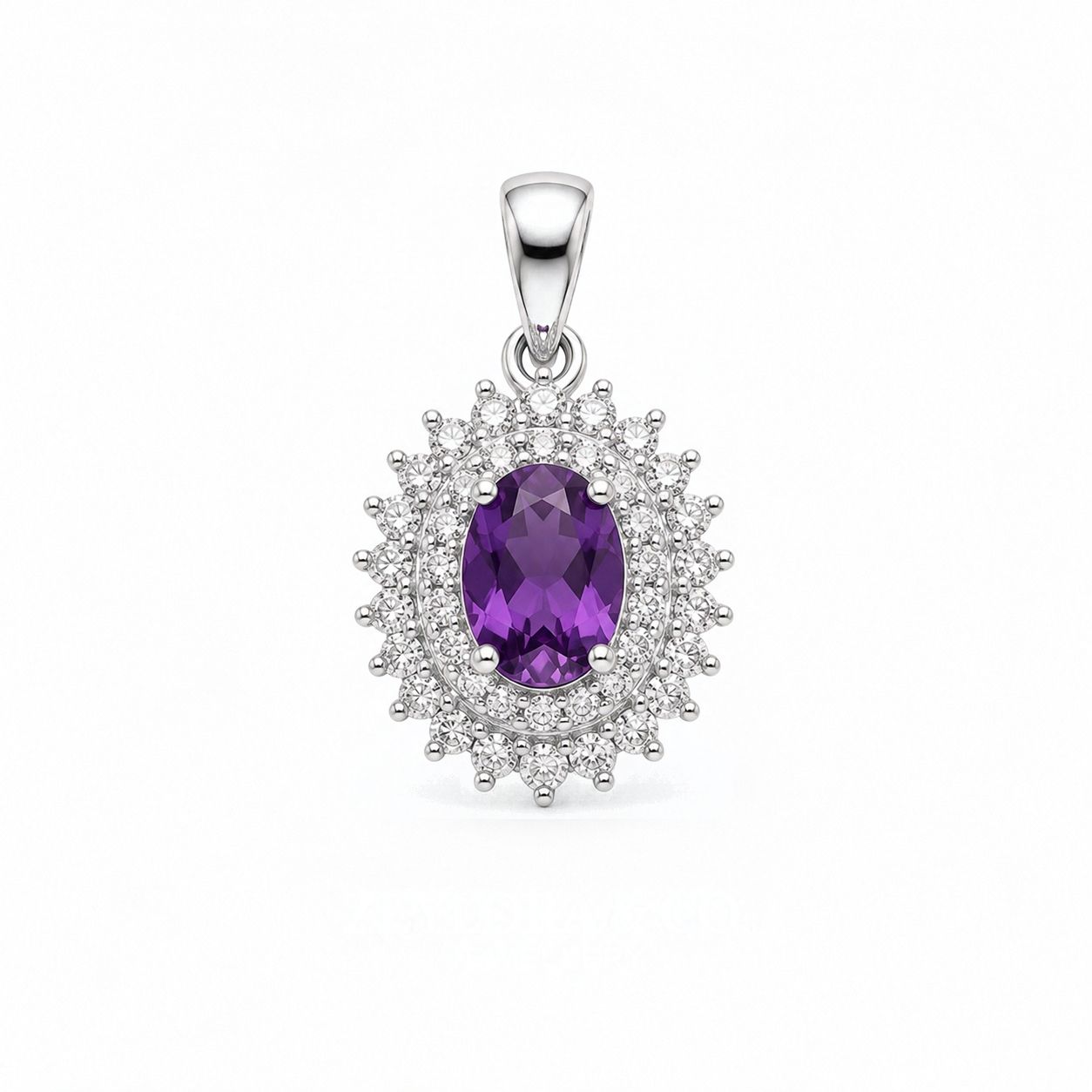 Natural Amethyst Pendant — Oval Double Halo