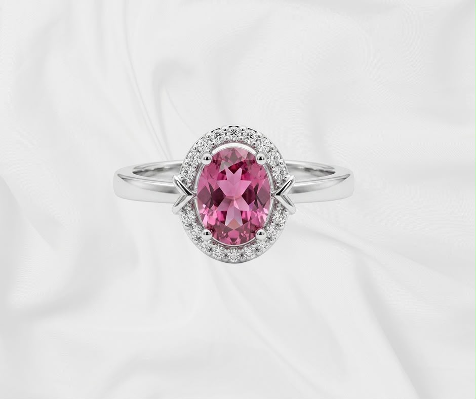 Natural Pink Sapphire Halo Ring — Oval Cut