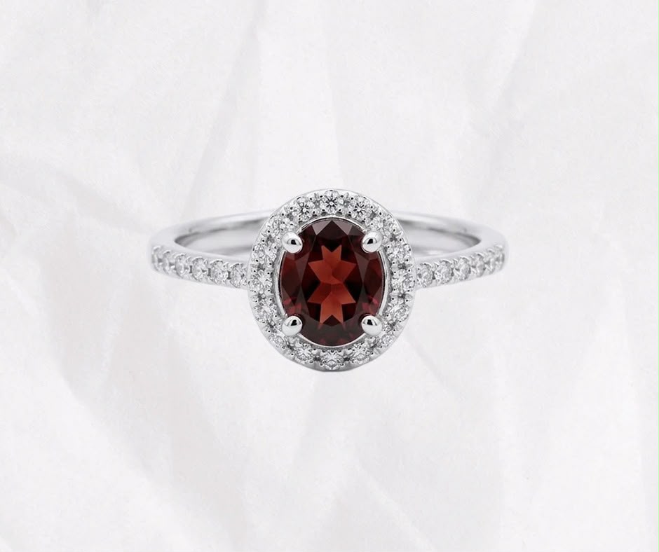 Natural Garnet Ring — Oval Cut Classic Halo
