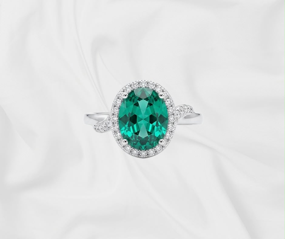 Green Gemstone Halo Ring — Oval Cut