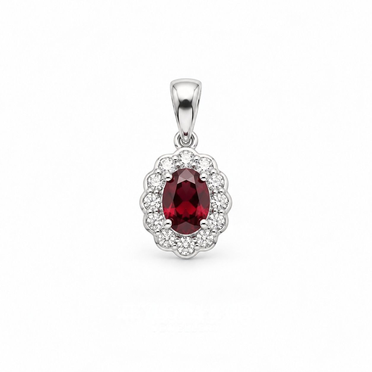 Natural Red Garnet Pendant — Oval Scalloped Halo