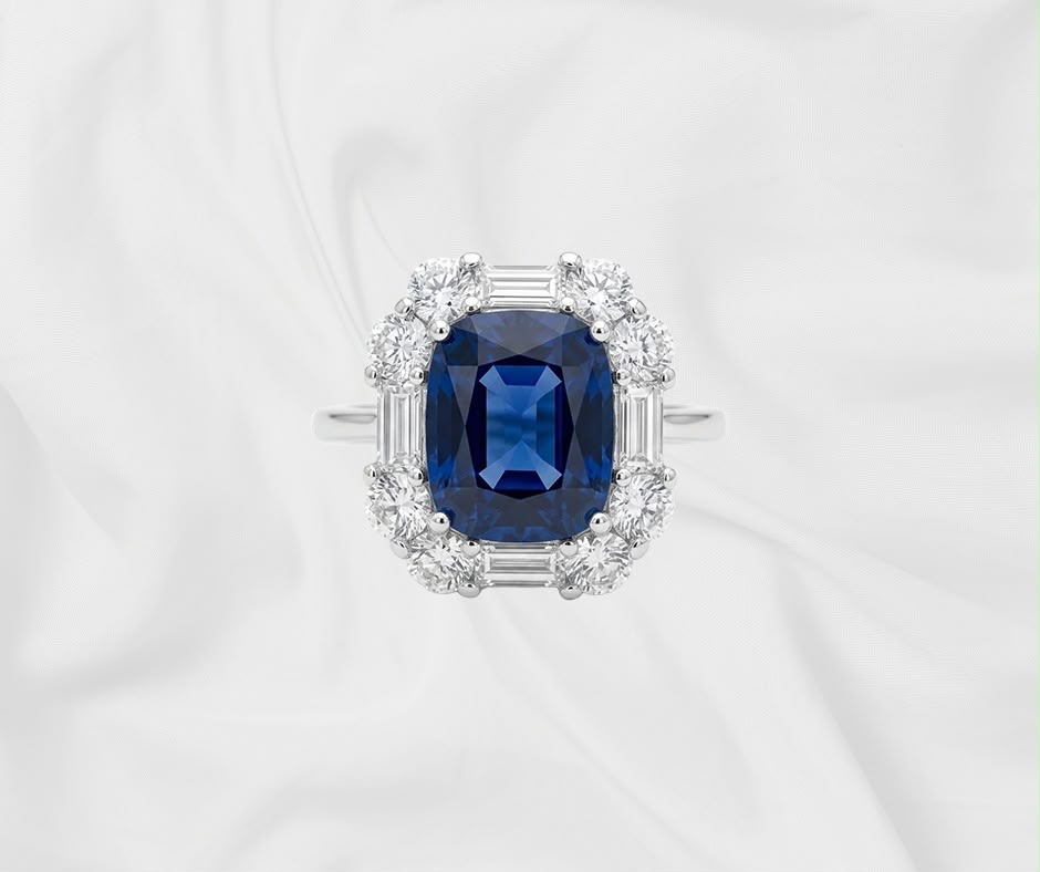Natural Blue Sapphire Ring — Cushion Cluster with Baguettes