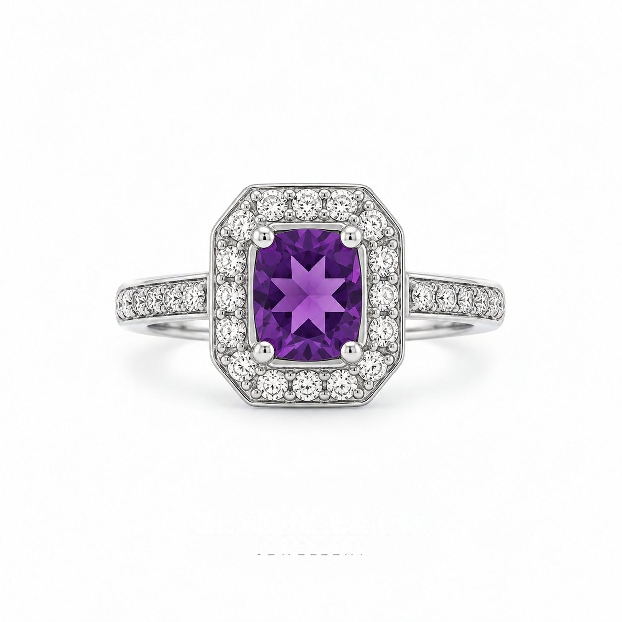 Natural Amethyst Ring — Cushion Cut Octagonal Halo
