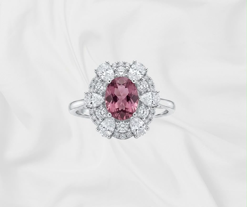 Natural Pink Sapphire Ring — Oval Cluster Halo