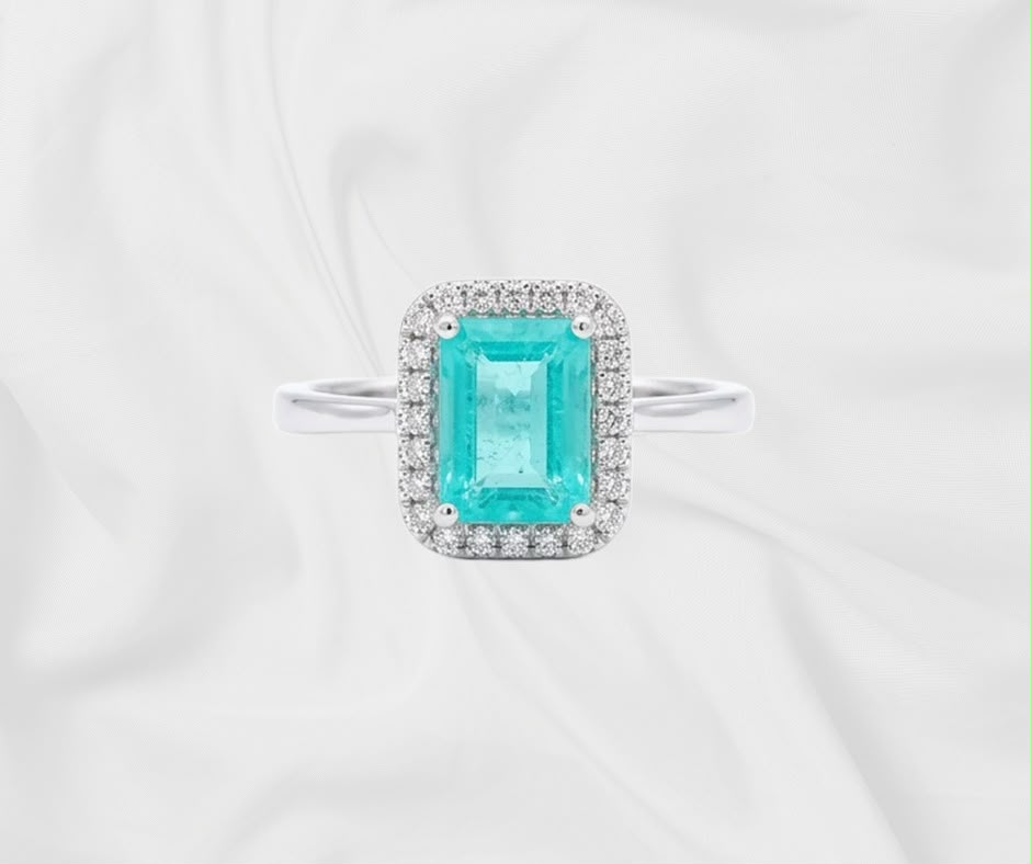 Paraiba-Colour Quartz Ring — Emerald Cut Halo