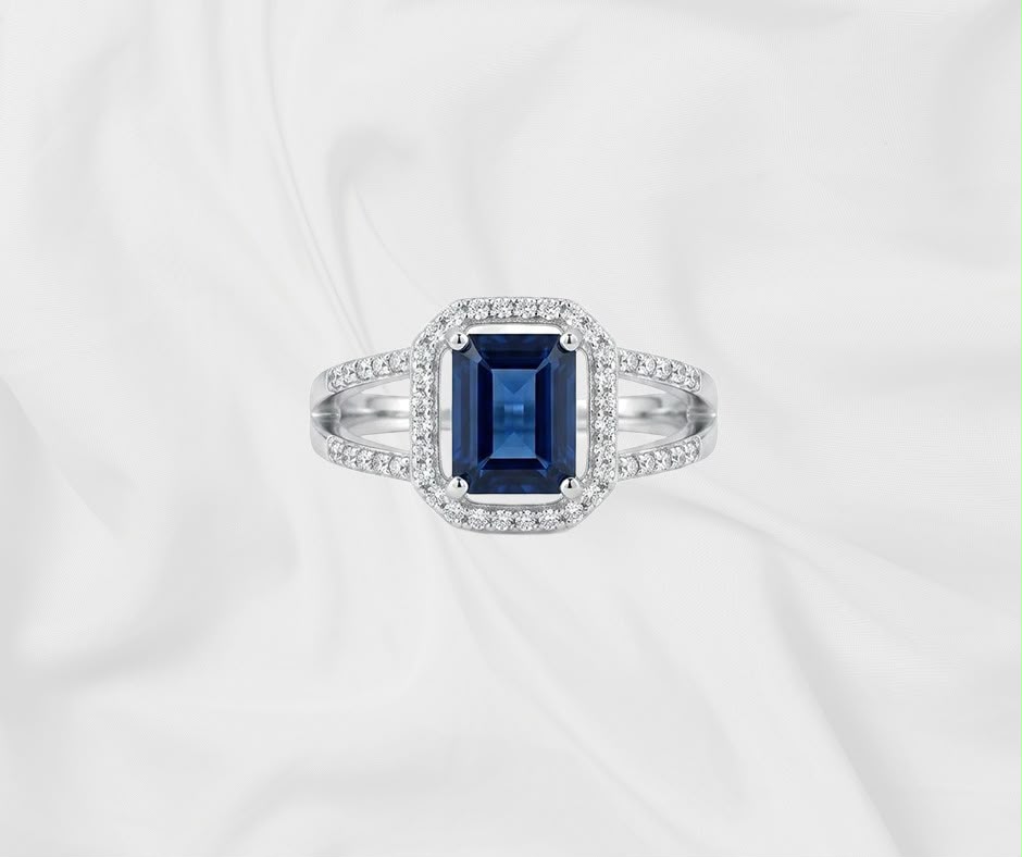 Natural Blue Sapphire Ring — Emerald Cut Split Shank