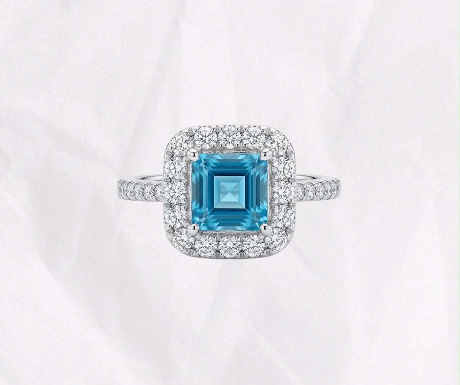 Natural Blue Topaz Ring — Asscher Cut Cushion Halo