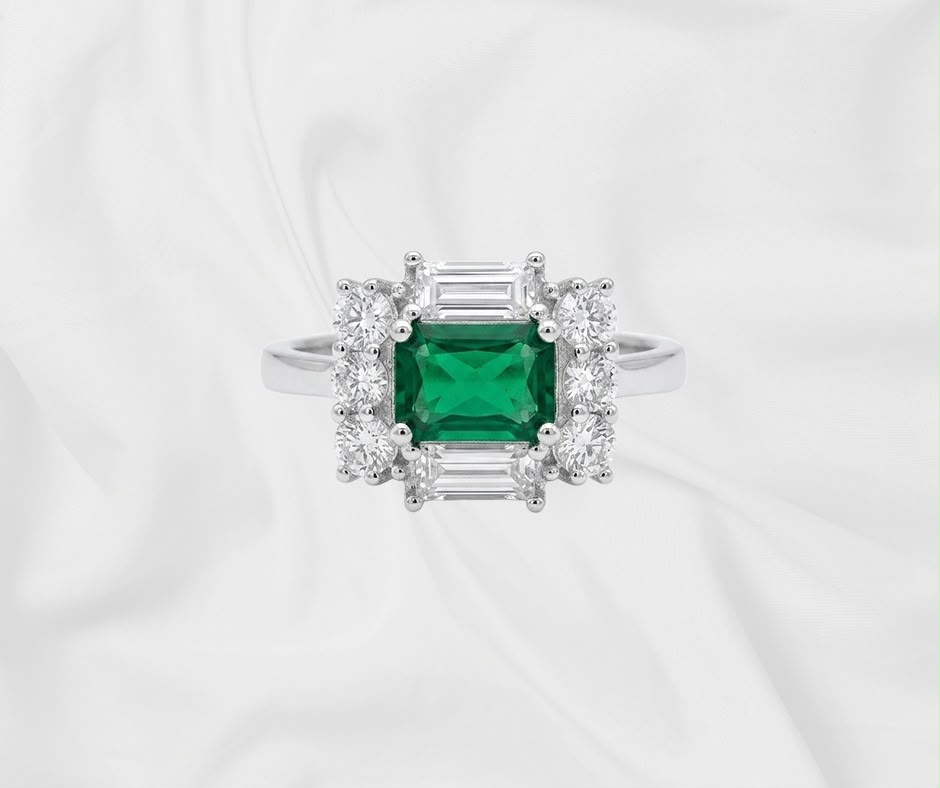 Green Emerald-Cut Cluster Ring