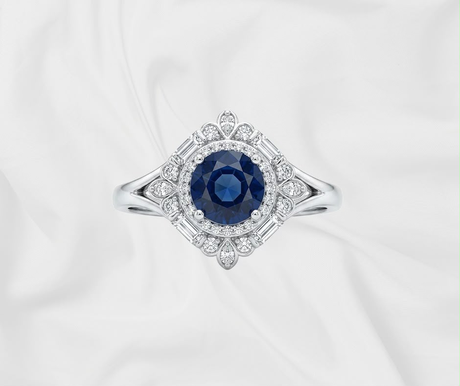 Natural Blue Sapphire Ring — Round Cut Art Deco Halo