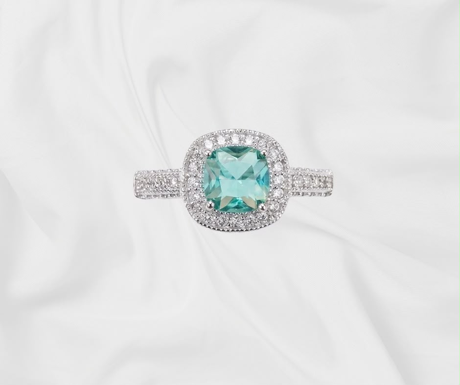Natural Green Apatite Ring — Cushion Cut Double Halo