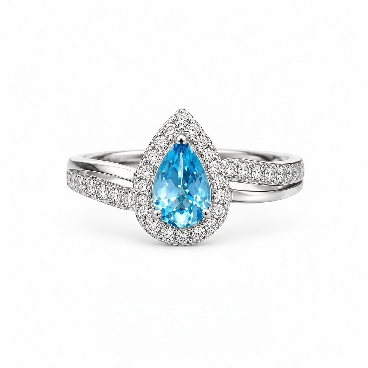 Swiss Blue Topaz Ring — Pear Cut Halo