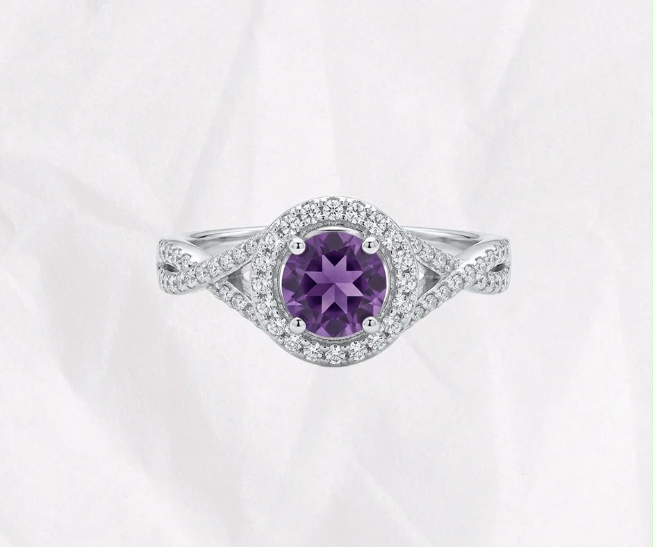 Natural Amethyst Ring — Round Cut Infinity Twist Halo