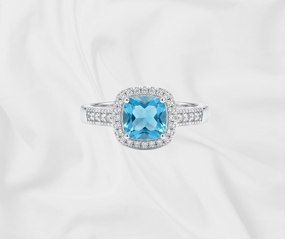 Natural London Blue Topaz Ring — Cushion Cut Halo