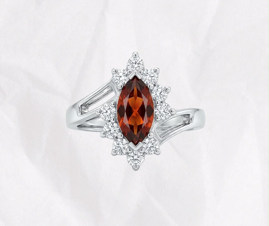 Natural Garnet Ring — Marquise Cut Baguette Halo