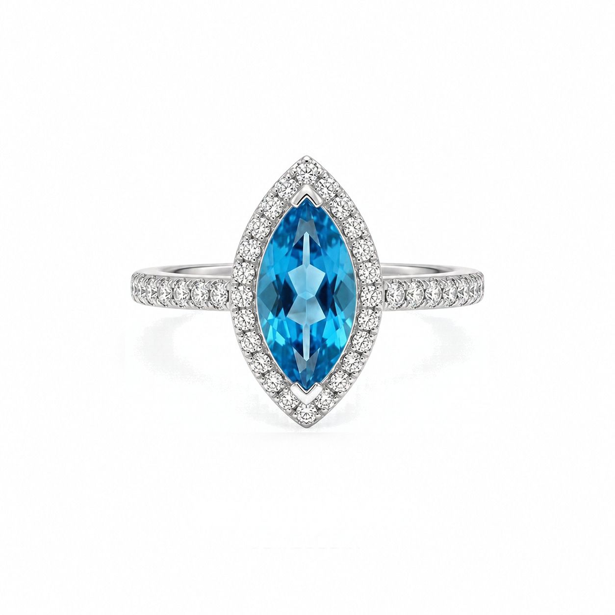 Swiss Blue Topaz Ring — Marquise Cut Halo