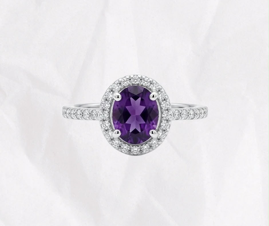 Natural Amethyst Ring — Oval Cut Classic Halo