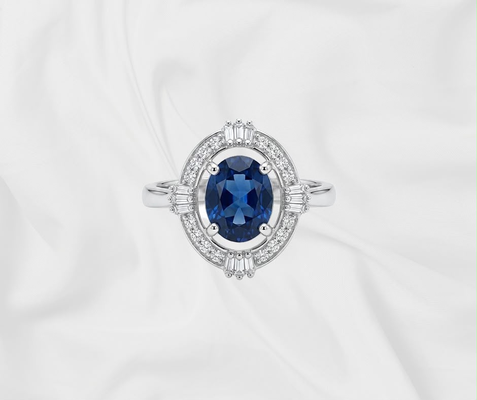 Natural Blue Sapphire Ring — Art Deco Oval Halo