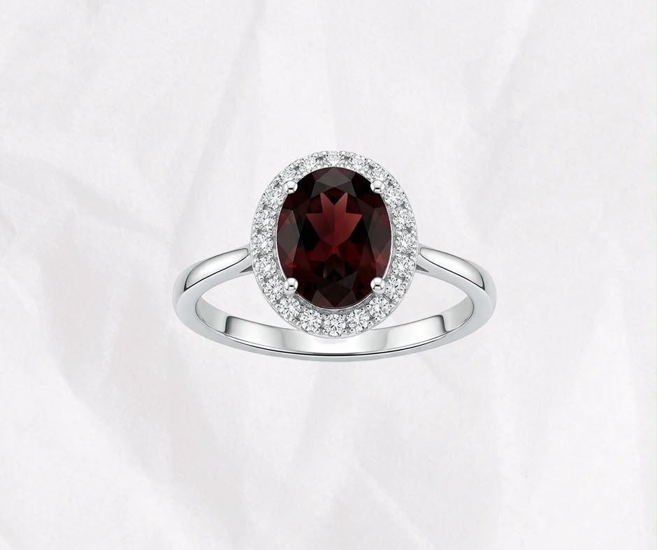 Natural Garnet Ring — Oval Cut Halo Plain Band