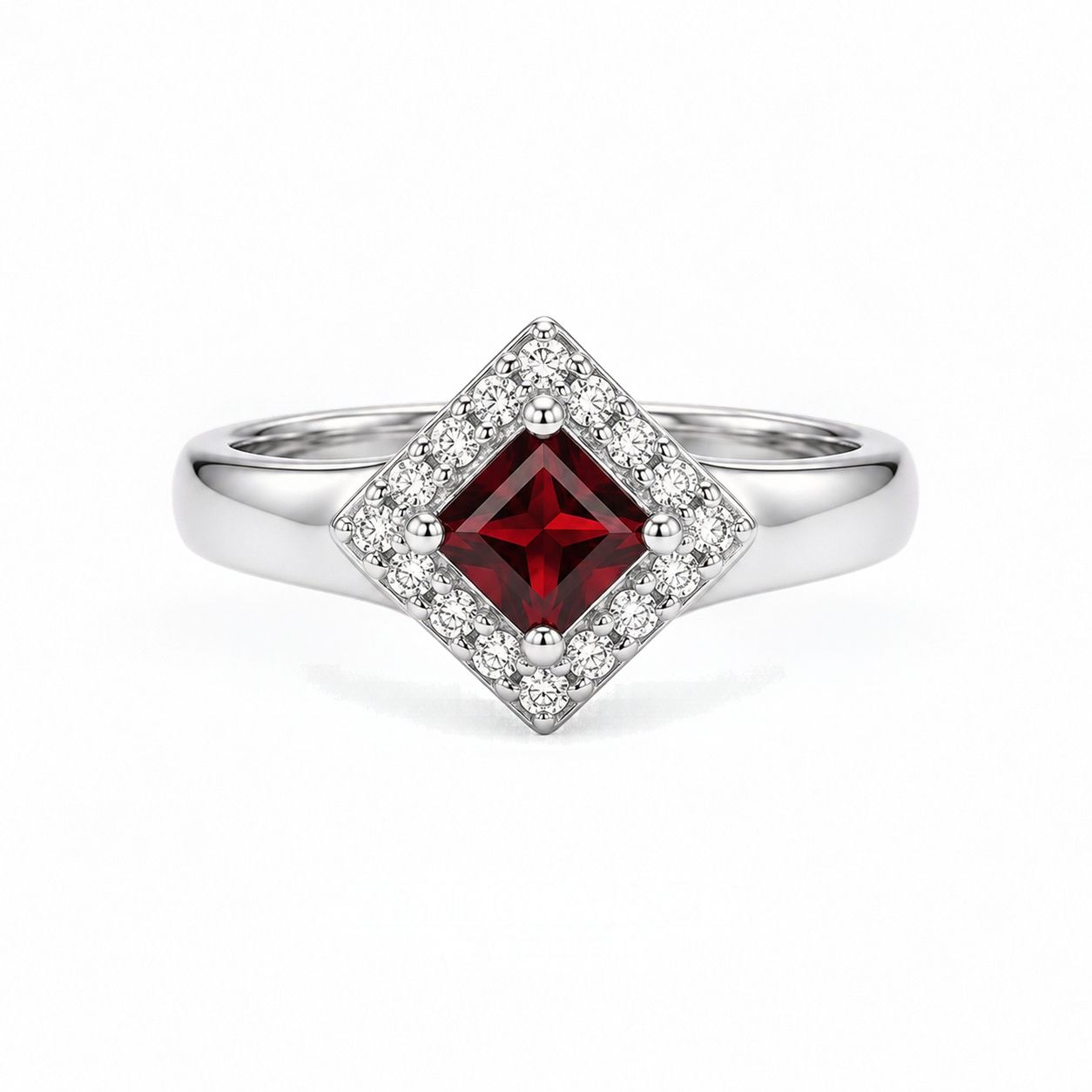 Natural Red Garnet Ring — Princess Cut Kite Halo